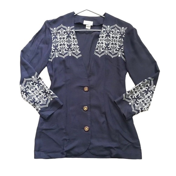 Vintage Womens Embroidered Button Blazer Navy Ivory S/M Small Affinity By Margos - Picture 1 of 11